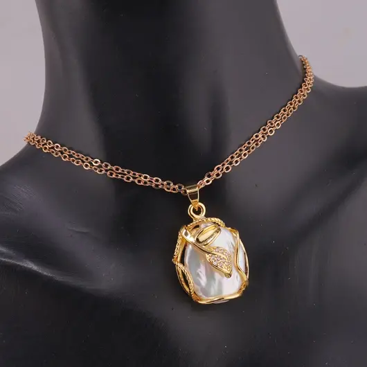 Pandantiv Perle de cultura si montura aurie model frunza, 22mm, imagine 2