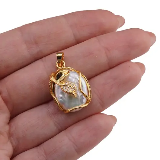 Pandantiv Perle de cultura si montura aurie model frunza, 22mm, imagine 3