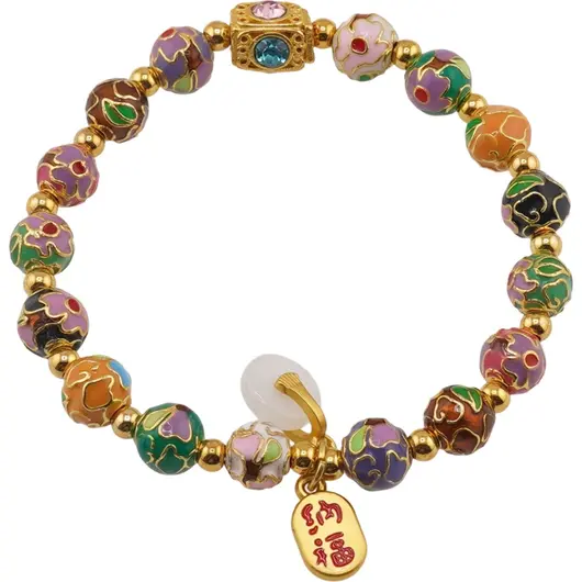Bratara pentru Noroc si Prosperitate cu sfere cloisonne emailate si simbolul Fu
