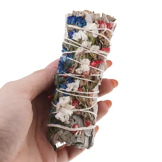 Buchet Salvie Alba cu Flori de sinuata albastre, albe si rosii - 10cm, imagine 3