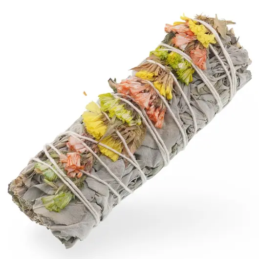 Buchet Salvie Alba cu Flori de sinuata gabene, verzi si portocalii - 10cm