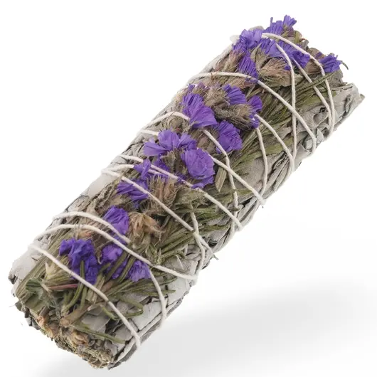 Buchet Salvie Alba cu Flori de sinuata mov si Rozmarin - 10cm