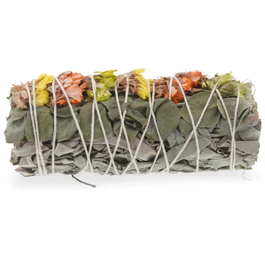 Buchet Salvie Alba cu frunze de Eucalipt si Flori de sinuata gabene, verzi si portocalii - 10cm, imagine 2