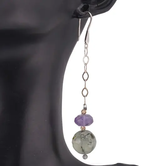 Cercei cu agatatoare Ametist discuri fatetate 10mm si Prehnit sfere fatetate 14mm cu Argint 925, imagine 2