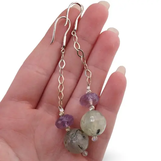 Cercei cu agatatoare Ametist discuri fatetate 10mm si Prehnit sfere fatetate 14mm cu Argint 925, imagine 3