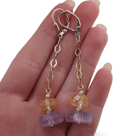 Cercei cu agatatoare Citrin si Ametist discuri fatetate 10-15mm cu Argint 925, imagine 3