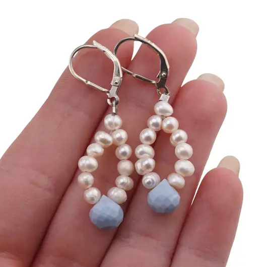 Cercei cu agatatoare Perle de cultura 4mm cu Opal albastru brioleta fatetata 8mm si Argint 925, imagine 3