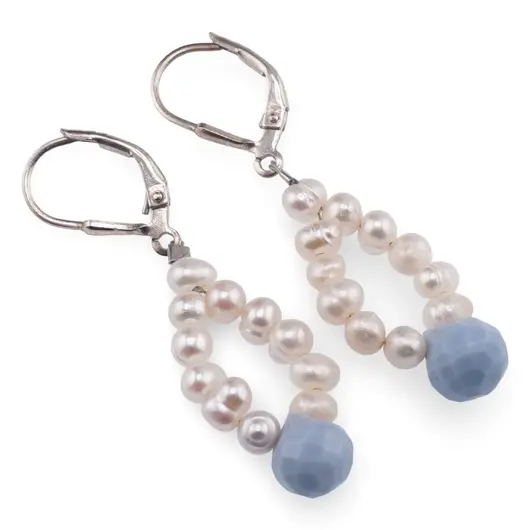 Cercei cu agatatoare Perle de cultura 4mm cu Opal albastru brioleta fatetata 8mm si Argint 925