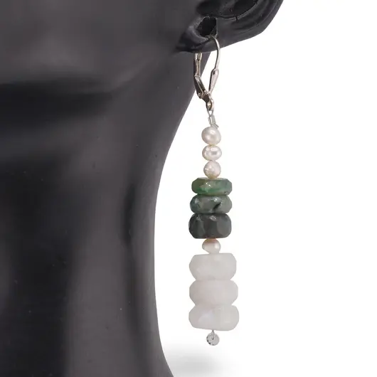 Cercei cu agatatoare Perle de cultura 4mm, Smarald si Piatra Lunii discuri fatetate 9-11mm cu Argint 925, imagine 2