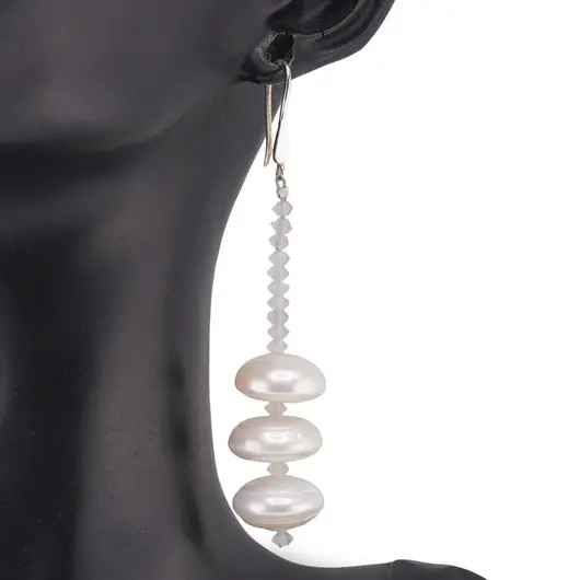 Cercei cu agatatoare Perle de cultura turtite 15mm cu Piatra Lunii discuri 4mm si Argint 925, imagine 2