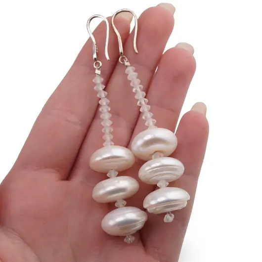 Cercei cu agatatoare Perle de cultura turtite 15mm cu Piatra Lunii discuri 4mm si Argint 925, imagine 3