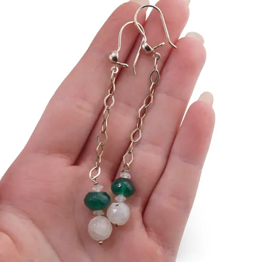 Cercei cu agatatoare Piatra Lunii discuri 4mm si sfere 8mm, Onix verde discuri 8-9mm cu Argint 925, imagine 3