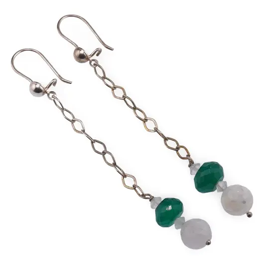 Cercei cu agatatoare Piatra Lunii discuri 4mm si sfere 8mm, Onix verde discuri 8-9mm cu Argint 925