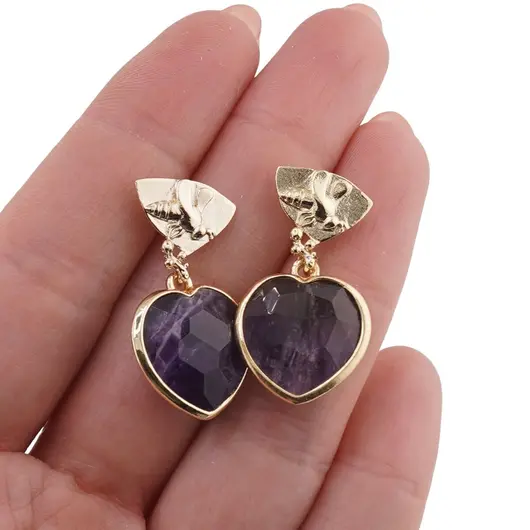 Cercei cu surub Ametist inima si element decorativ cu albina, imagine 3