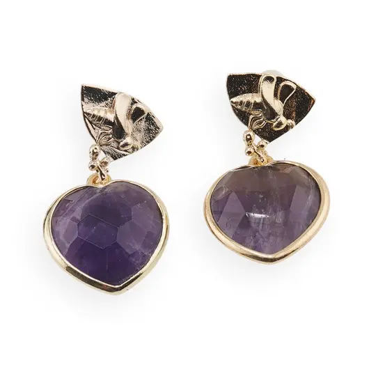 Cercei cu surub Ametist inima si element decorativ cu albina