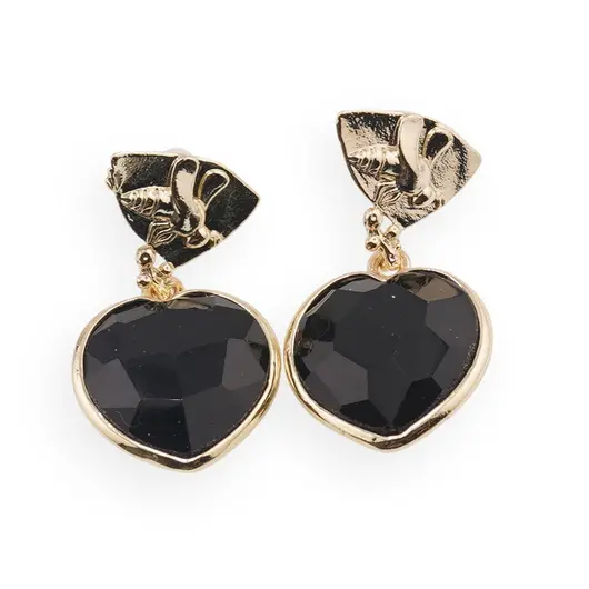 Cercei cu surub Obsidian inima si element decorativ cu albina