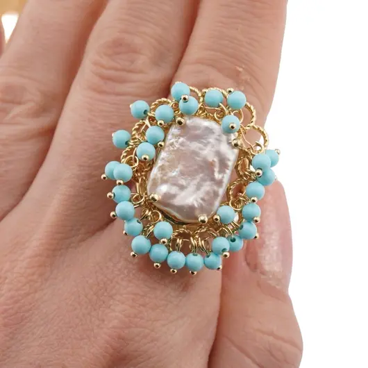 Inel reglabil cu perla de cultura si margele turcoaz model floare, auriu, imagine 3