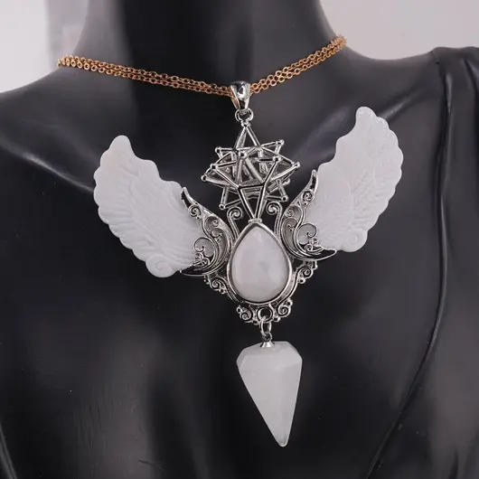 Pandantiv angelic cu Merkaba, Pendul din Cristal de stanca si Aripi Sidef, 10cm, imagine 2