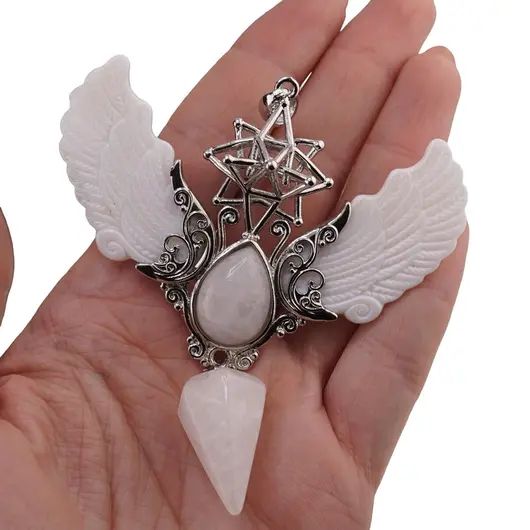 Pandantiv angelic cu Merkaba, Pendul din Cristal de stanca si Aripi Sidef, 10cm, imagine 3