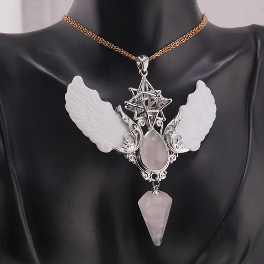 Pandantiv angelic cu Merkaba, Pendul din Cuart roz si Aripi Sidef, 10cm, imagine 2
