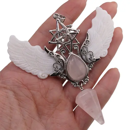 Pandantiv angelic cu Merkaba, Pendul din Cuart roz si Aripi Sidef, 10cm, imagine 3
