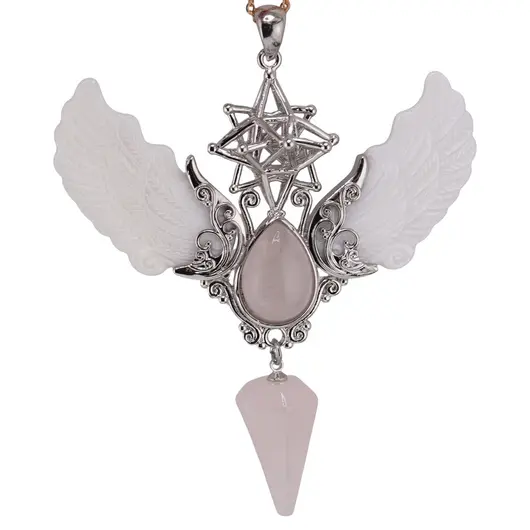 Pandantiv angelic cu Merkaba, Pendul din Cuart roz si Aripi Sidef, 10cm