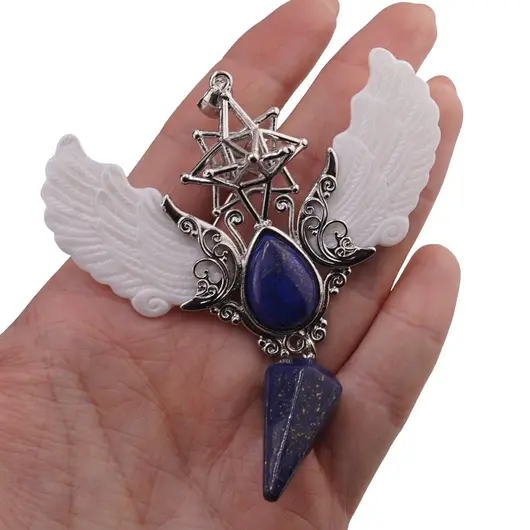 Pandantiv angelic cu Merkaba, Pendul din Lapis lazuli si Aripi Sidef, 10cm, imagine 3