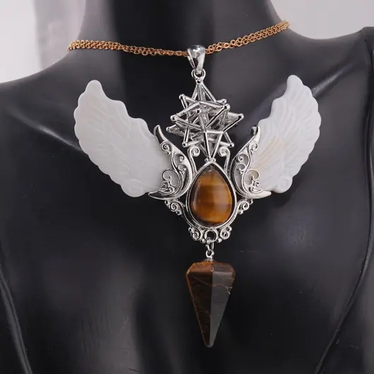 Pandantiv angelic cu Merkaba, Pendul din Ochi de tigru si Aripi Sidef, 10cm, imagine 2
