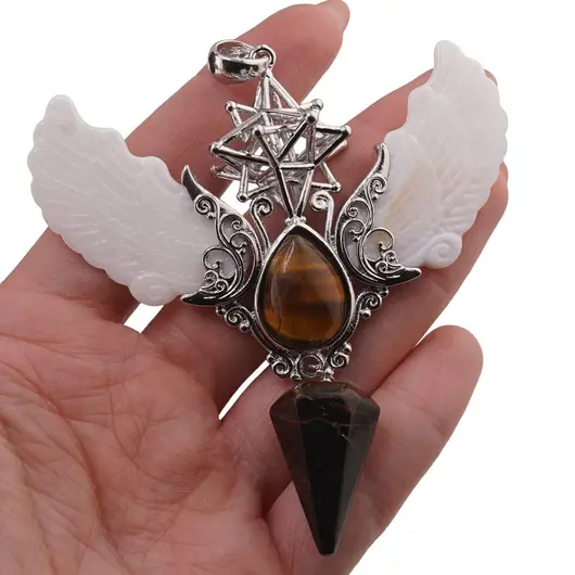 Pandantiv angelic cu Merkaba, Pendul din Ochi de tigru si Aripi Sidef, 10cm, imagine 3