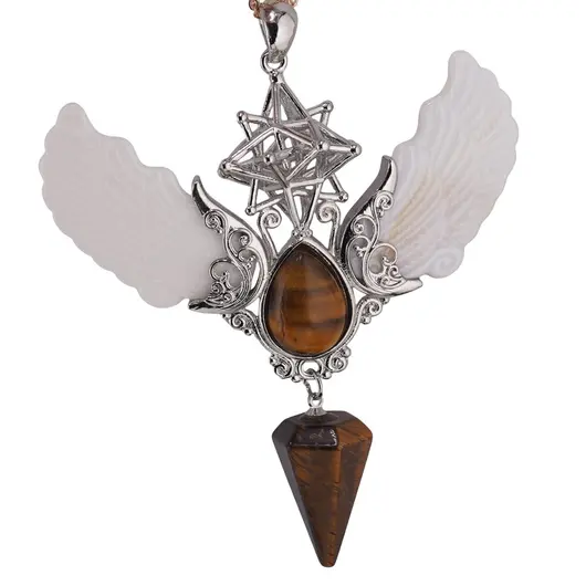 Pandantiv angelic cu Merkaba, Pendul din Ochi de tigru si Aripi Sidef, 10cm
