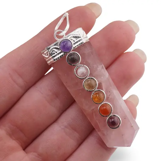 Pandantiv cu cele sapte chakre si Cuart roz, model sabie 50-60mm, imagine 3