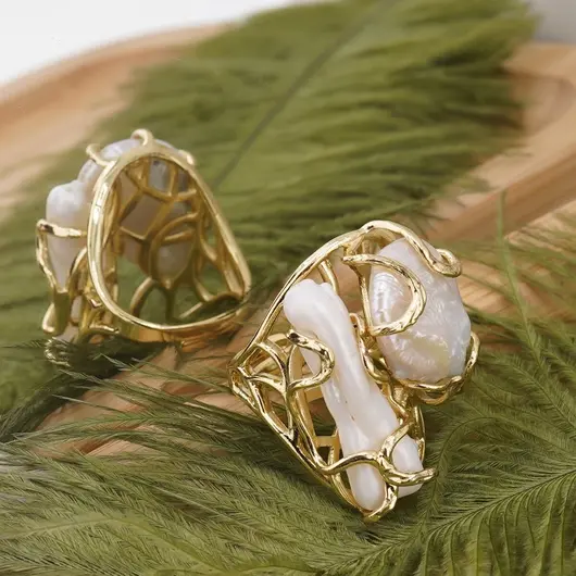 Inel reglabil cu doua perle de cultura, auriu, imagine 2