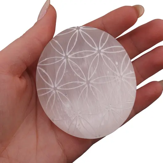 Palm stone din Selenit gravat cu Floarea Vietii, 6-7cm, imagine 4