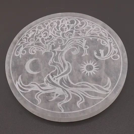 Selenit rotund gravat cu Pomul Vietii, 14cm, imagine 2