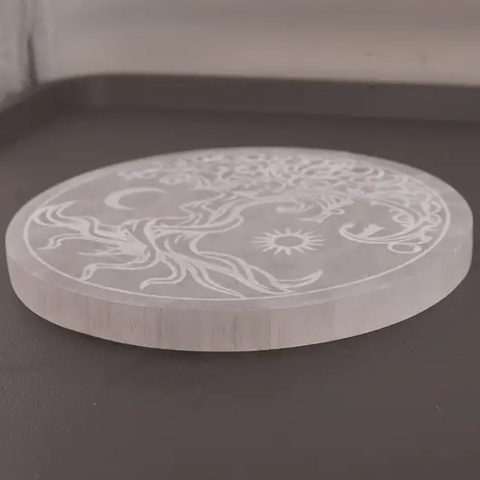 Selenit rotund gravat cu Pomul Vietii, 14cm, imagine 3