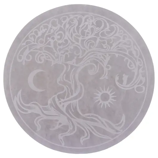 Selenit rotund gravat cu Pomul Vietii, 14cm