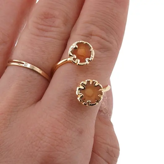 Inel reglabil auriu cu doua flori Coral portocaliu natural, 9mm, imagine 3