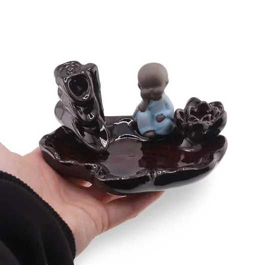 Suport ardere conuri parfumate cascada - backflow Calugar Zen cu floare de lotus - 12,5cm, imagine 3