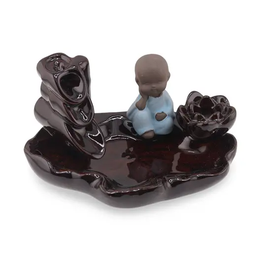 Suport ardere conuri parfumate cascada - backflow Calugar Zen cu floare de lotus - 12,5cm