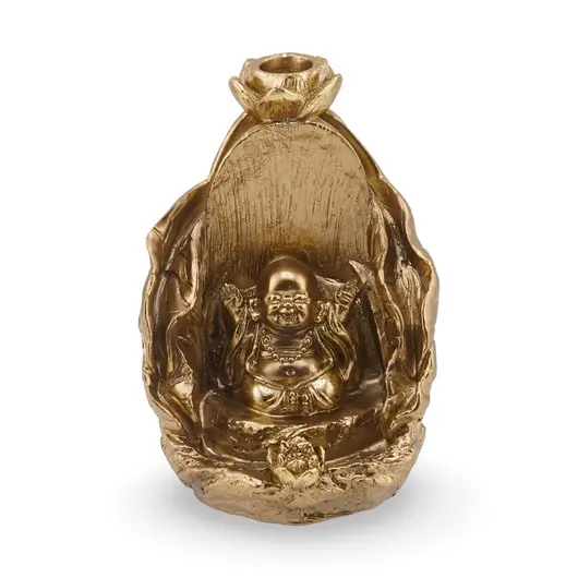 Suport ardere conuri parfumate cascada - backflow cu Buddha vesel, 12,5cm
