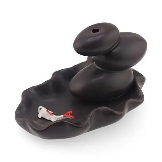 Suport ardere conuri parfumate cascada - backflow, model pietre in echilibru cu peste Koi, 11cm