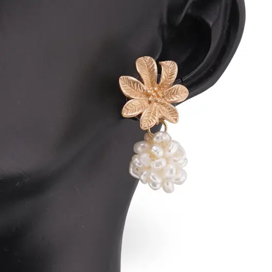 Cercei cu surub Perle de Cultura cu floare aurie, 30mm, imagine 2