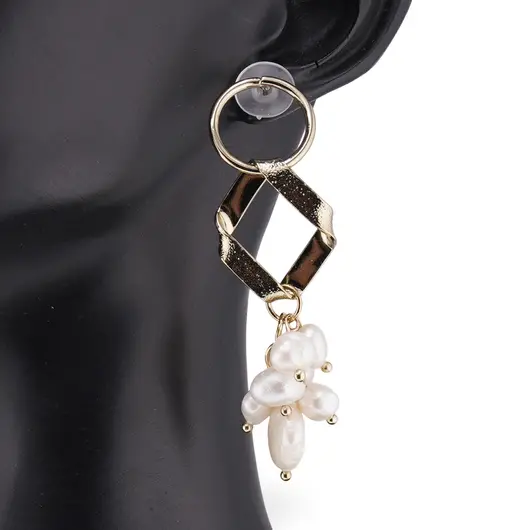 Cercei cu surub Perle de Cultura model rombic, auriu - 65mm, imagine 2