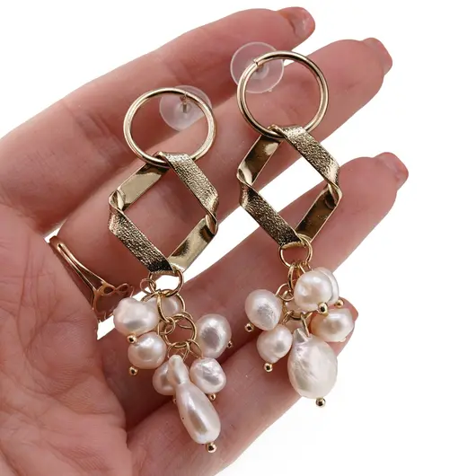 Cercei cu surub Perle de Cultura model rombic, auriu - 65mm, imagine 3