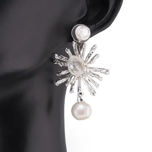 Cercei cu surub Perle de Cultura model soare, argintiu -  50mm, imagine 2