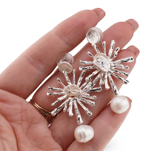 Cercei cu surub Perle de Cultura model soare, argintiu -  50mm, imagine 3