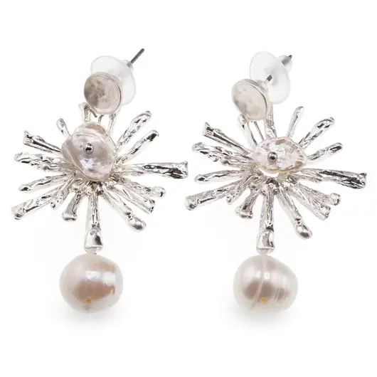 Cercei cu surub Perle de Cultura model soare, argintiu -  50mm