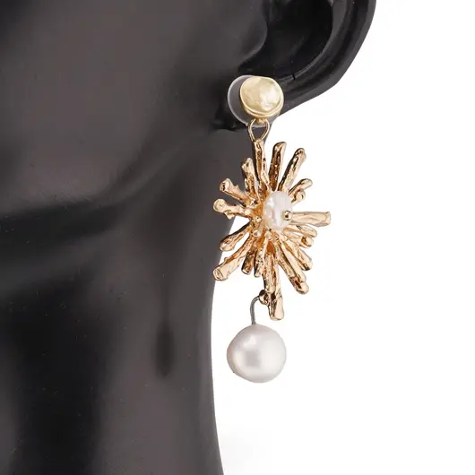 Cercei cu surub Perle de Cultura model soare, auriu -  50mm, imagine 2