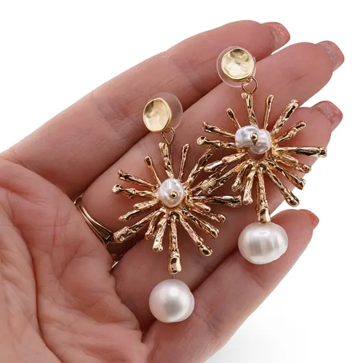 Cercei cu surub Perle de Cultura model soare, auriu -  50mm, imagine 3