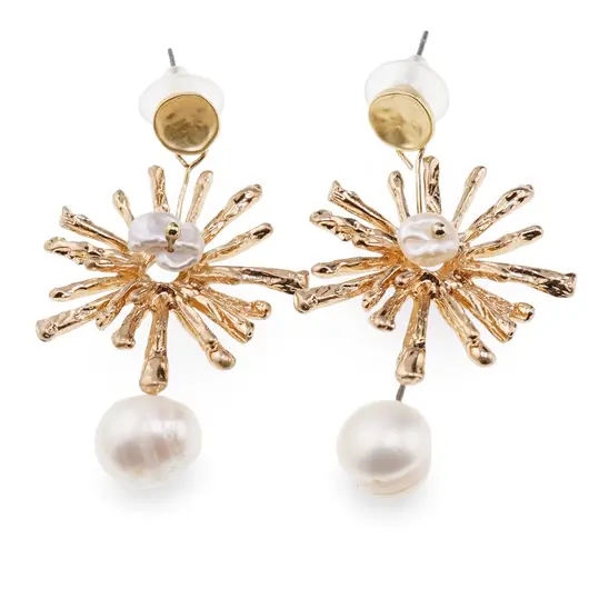 Cercei cu surub Perle de Cultura model soare, auriu -  50mm